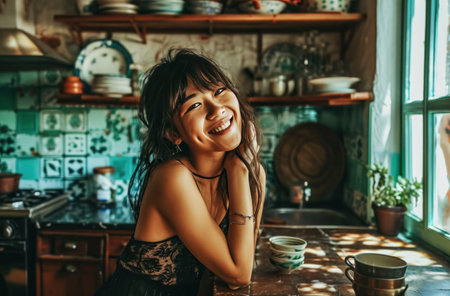 woman smiling and posing in kitchen.の素材