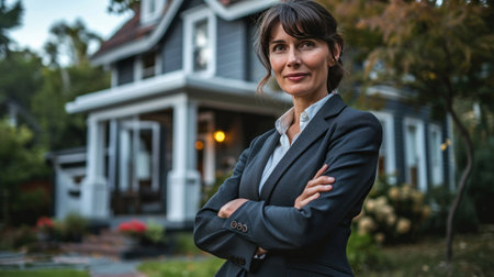 woman in business suit standing in front of house after signing a contrac.の素材