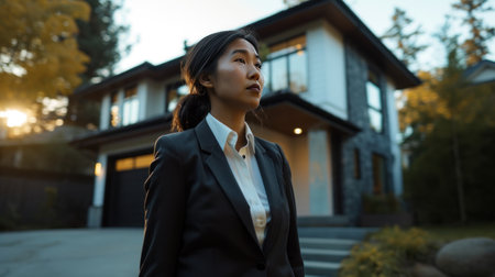 woman in business suit standing in front of house after signing a contrac.の素材