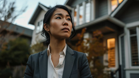 woman in business suit standing in front of house after signing a contrac.の素材