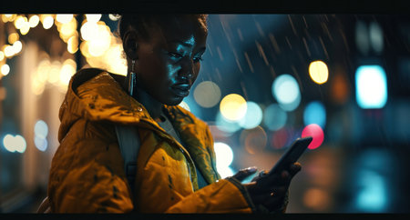 woman using cell phone in the nighttime.の素材