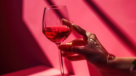 woman's hand reaching towards glass of wine with finger on pink.の素材