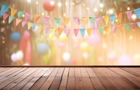 wooden planks and colorful bunting around a wooden board.の素材
