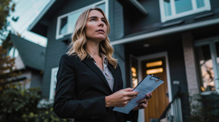 woman in business suit standing in front of house after signing a contrac.の素材