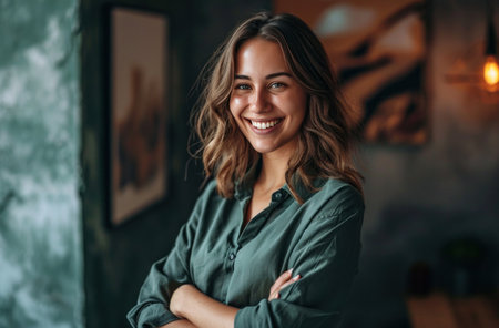 young woman in office smiling with her arms crossed.の素材