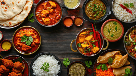 Assorted Indian food on dark wooden background.の素材