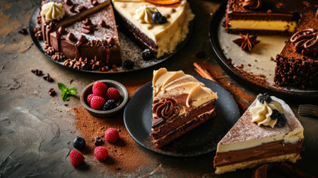 Assortment of pieces of cake on messy table.の素材