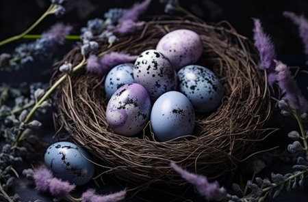 bluenavy eggs in a nest and purple lavender on a dark grey.の素材