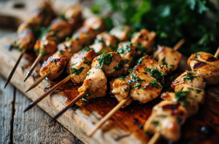 chicken kebabs and parsley on sticks on a wooden table.の素材