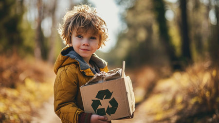 boy holding a cardboard box with the recycle symbol.の素材