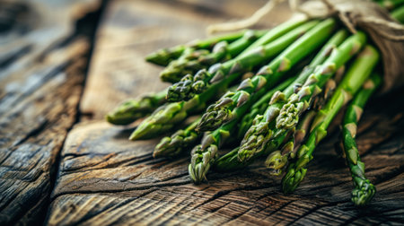 Bunch of fresh asparagus on wooden table.の素材