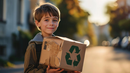 boy holding a cardboard box with the recycle symbol.の素材