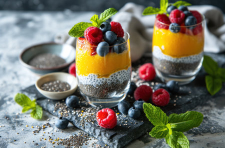 chia puddings with berries and mint in a glass.の素材