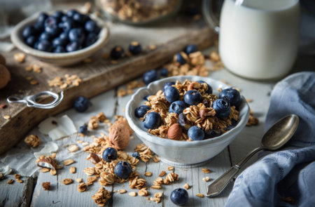 blueberries, granola and almond milk stand on a white wooden table.の素材