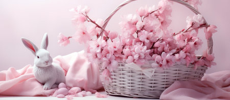pink bunny and easter eggs in a basket.の素材