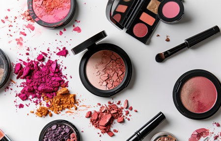 various makeup products are shown in a circle on a white background.の素材