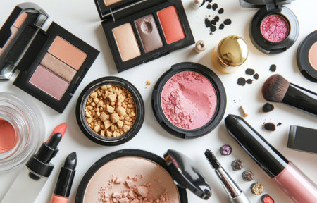 various makeup products are shown in a circle on a white background.の素材