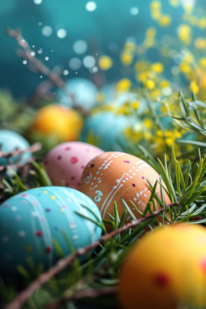 Easter background with lively colors, decorated eggs.の素材
