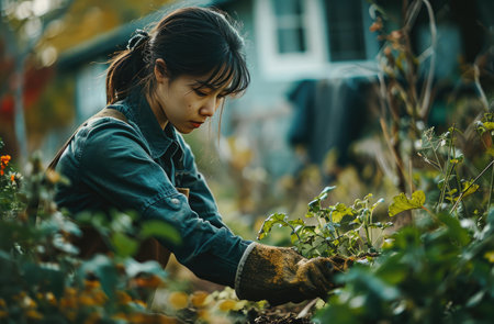 a woman in gardening gloves plowing plants.の素材