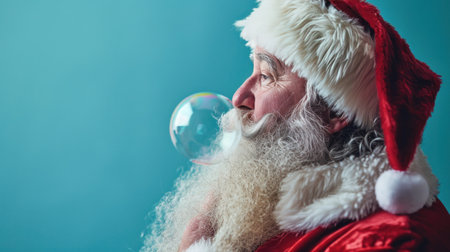 Santa clause blowing a bubble over a blue background.の素材