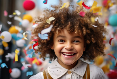 little girl holding confetti circus clown smiling in white balloons.の素材