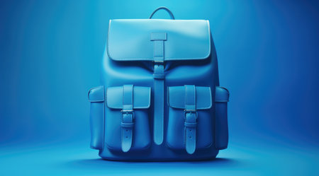 blue backpack on blue background.の素材