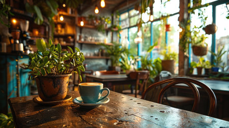 An Aesthetic Studio Coffee Shop Interior Featuring a Coffee Cup and Plant.の素材