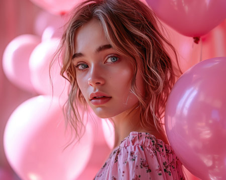 beautiful young girl holding balloons on pink background.の素材
