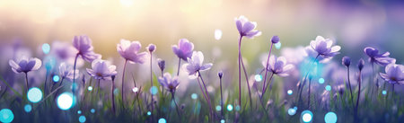 Beautiful spring landscape with blooming crocus flowers and bokeh lightsの素材