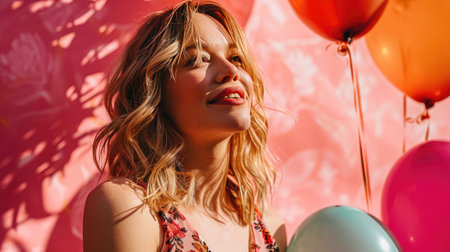 A Stylish Blonde Lady with Birthday Balloons In this delightful snapshot.の素材