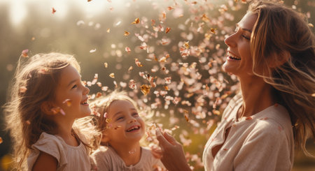 a woman, child, and woman throwing confetti to each other.の素材