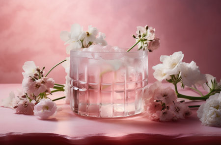 a pink cocktail with ice in it surrounded by pink flowers.の素材