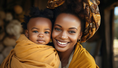 woman embracing her newborn child and smiles into the camera.の素材