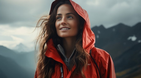 young smiling woman with a raincoat standing and looking at the mountains.の素材