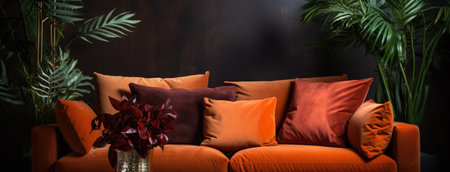 two decorative cushions are seated on a black couch with a large plant.の素材