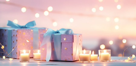 colorful gift boxes on a table with lights.の素材