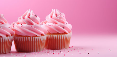 pink cup cakes with icing.の素材