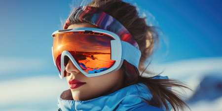 snow sports woman wearing ski goggles in a mountain background.の素材