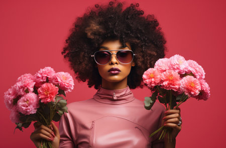 a girl with afro hair is holding flowers while watching a pink background.の素材