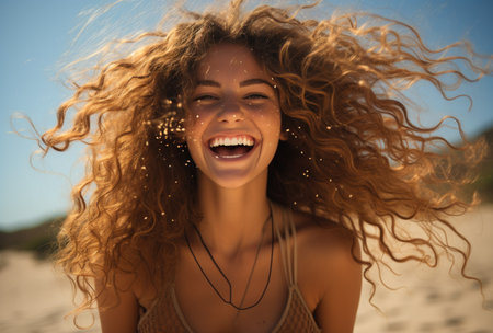 the women is happy because the day is sunny but her hair is frizzy.の素材