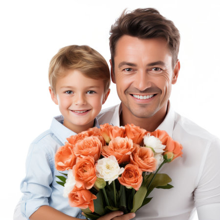 boy and father with flowers bouquet isolated.の素材