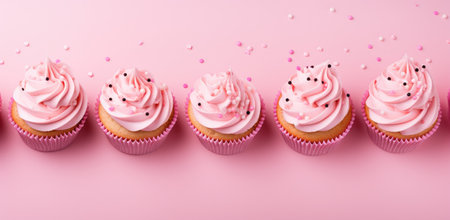pink cup cakes with icing.の素材