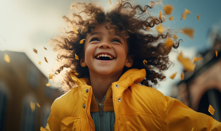 child in yellow jacket with curly hair.の素材