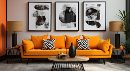 an orange couch with framed pictures in a living room.の素材
