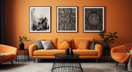 an orange couch with framed pictures in a living room.の素材