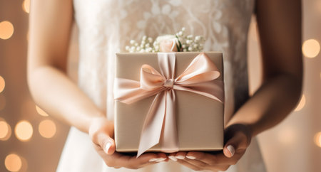 Female hands holding a gift box with a bow on a bokeh backgroundの素材