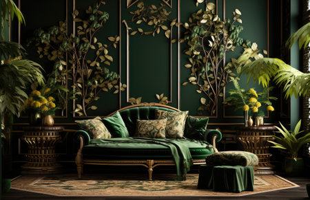 green and gold themed room design.の素材