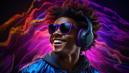 a young black man in headphones smiling.の素材
