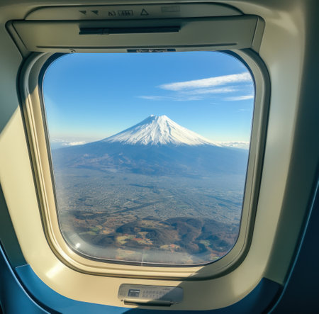 a view of a mount Fuji mountain is seen through the window of an airplane.の素材