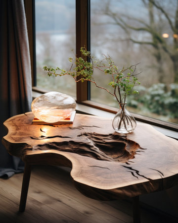 a table with a plant sitting in the table top.の素材